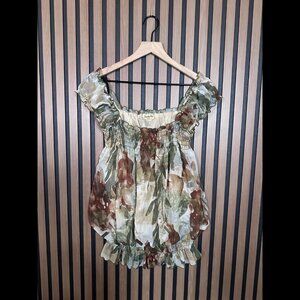 Vintage Janette Plus Top OS Womens Leafy Blouson Sexy Neck Smocked Ruffled Y2K